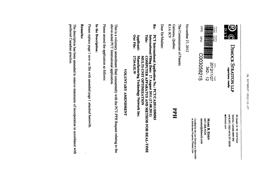 Canadian Patent Document 2798527. Prosecution-Amendment 20121127. Image 1 of 5