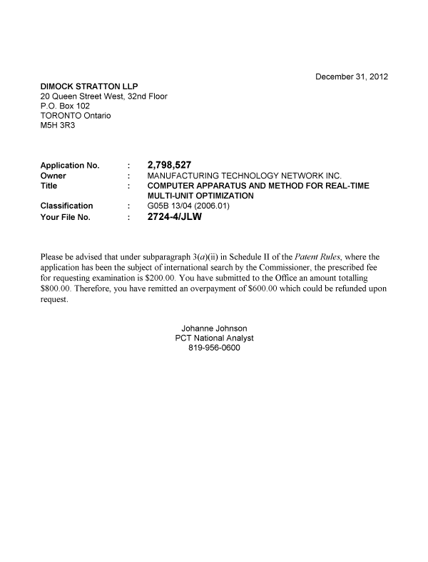 Document de brevet canadien 2798527. Correspondance 20121231. Image 1 de 1