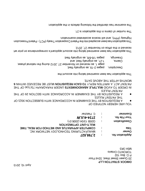 Document de brevet canadien 2798527. Poursuite-Amendment 20130410. Image 1 de 4