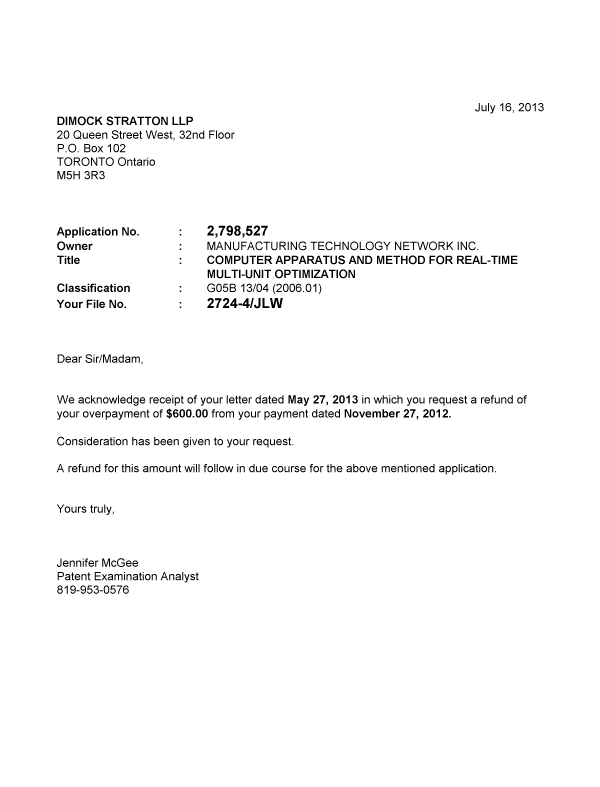 Document de brevet canadien 2798527. Correspondance 20130716. Image 1 de 1