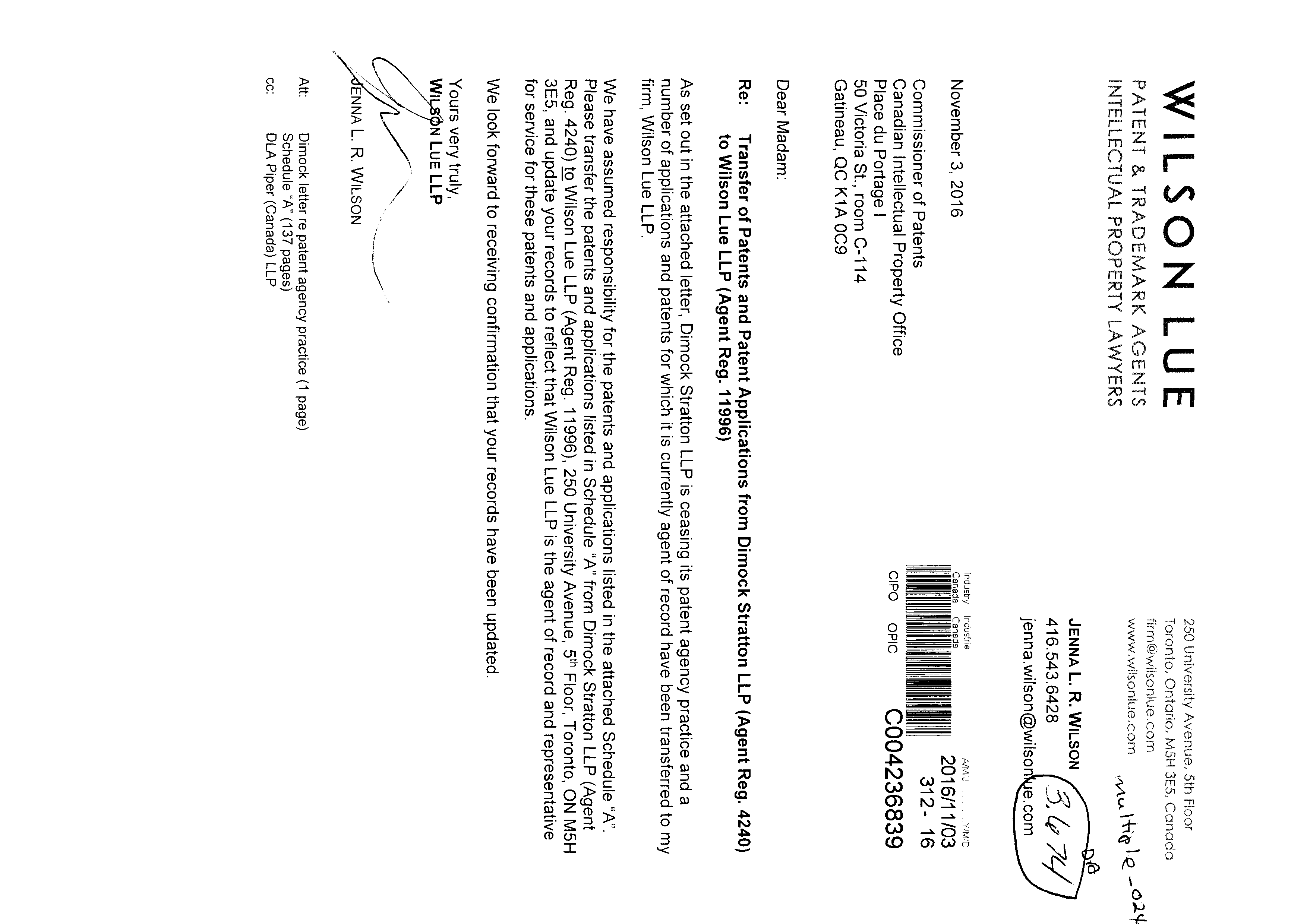 Canadian Patent Document 2798527. Correspondence 20161103. Image 1 of 3
