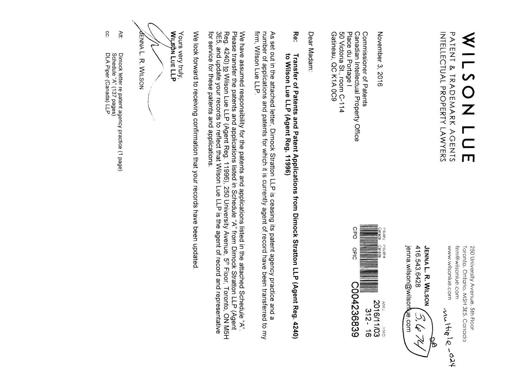 Document de brevet canadien 2798527. Correspondance 20161103. Image 1 de 3