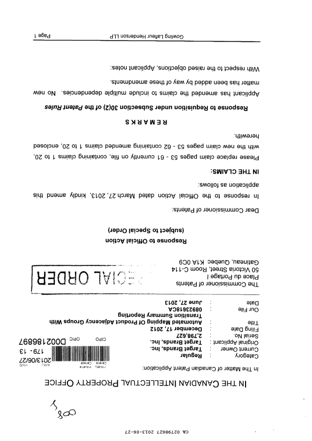 Canadian Patent Document 2798627. Prosecution-Amendment 20130627. Image 1 of 17