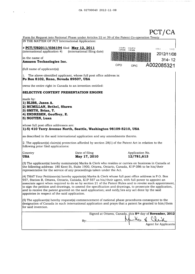 Document de brevet canadien 2799040. Cession 20121108. Image 2 de 2