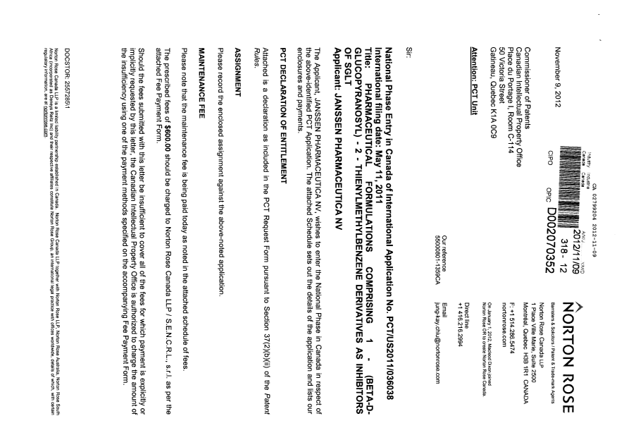 Document de brevet canadien 2799204. Cession 20121109. Image 1 de 16