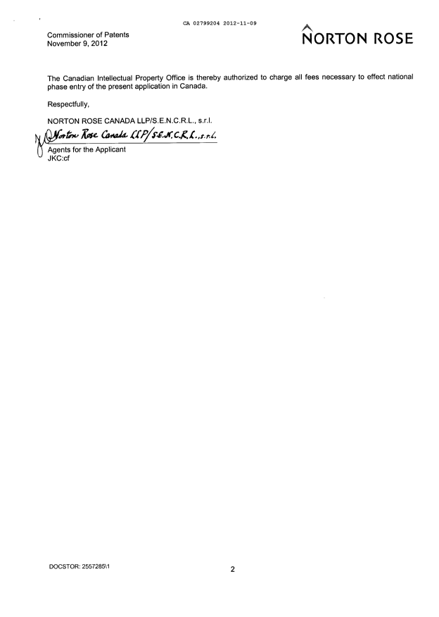 Document de brevet canadien 2799204. Cession 20121109. Image 2 de 16