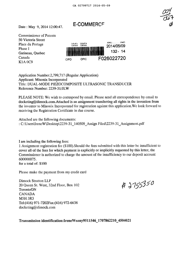 Document de brevet canadien 2799717. Correspondance 20140509. Image 1 de 1