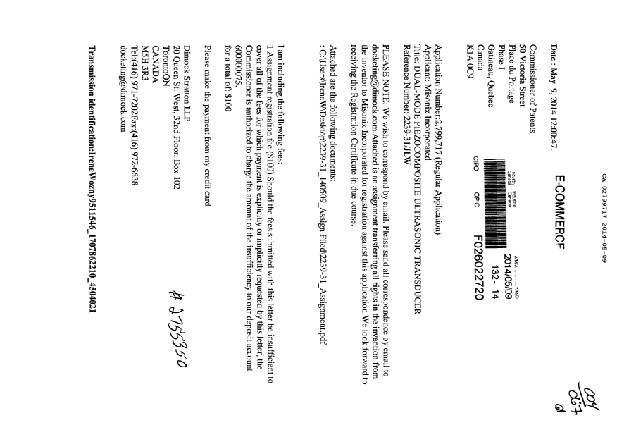 Canadian Patent Document 2799717. Correspondence 20140509. Image 1 of 1