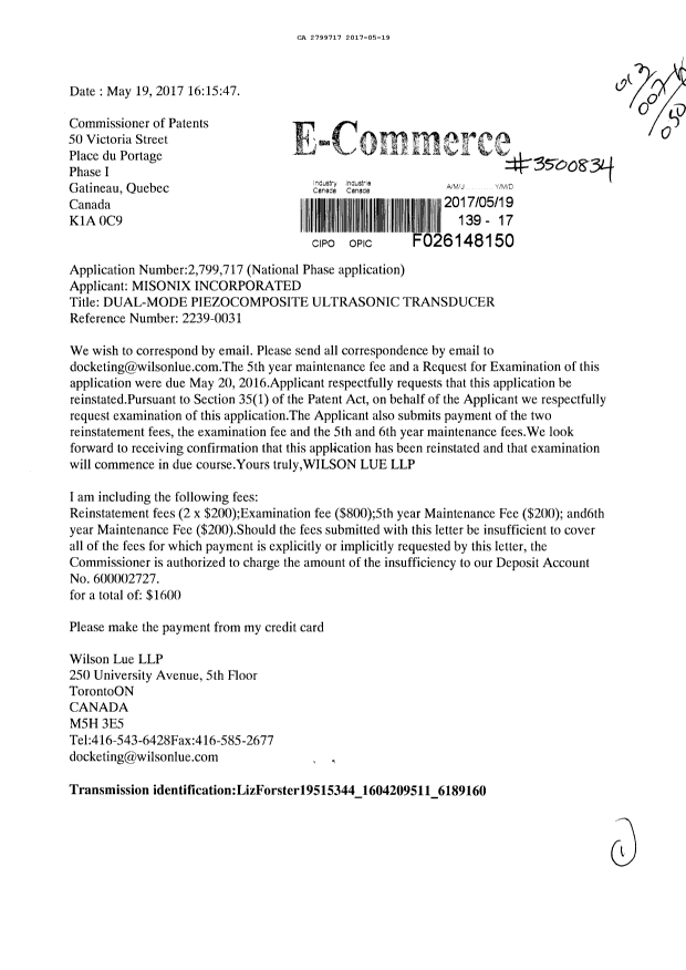 Canadian Patent Document 2799717. Reinstatement 20170519. Image 1 of 1