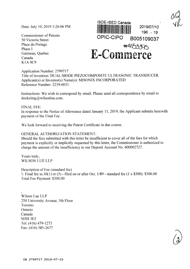 Canadian Patent Document 2799717. Final Fee 20190710. Image 1 of 2