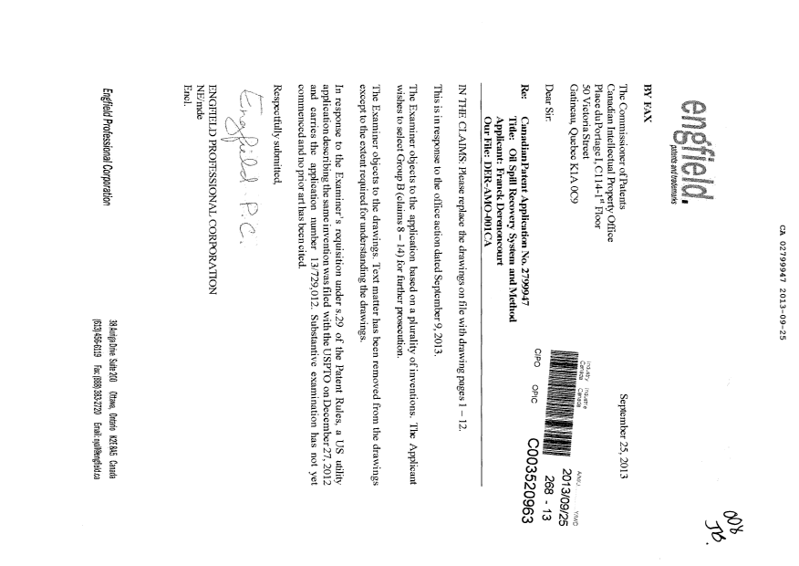 Document de brevet canadien 2799947. Poursuite-Amendment 20130925. Image 1 de 13