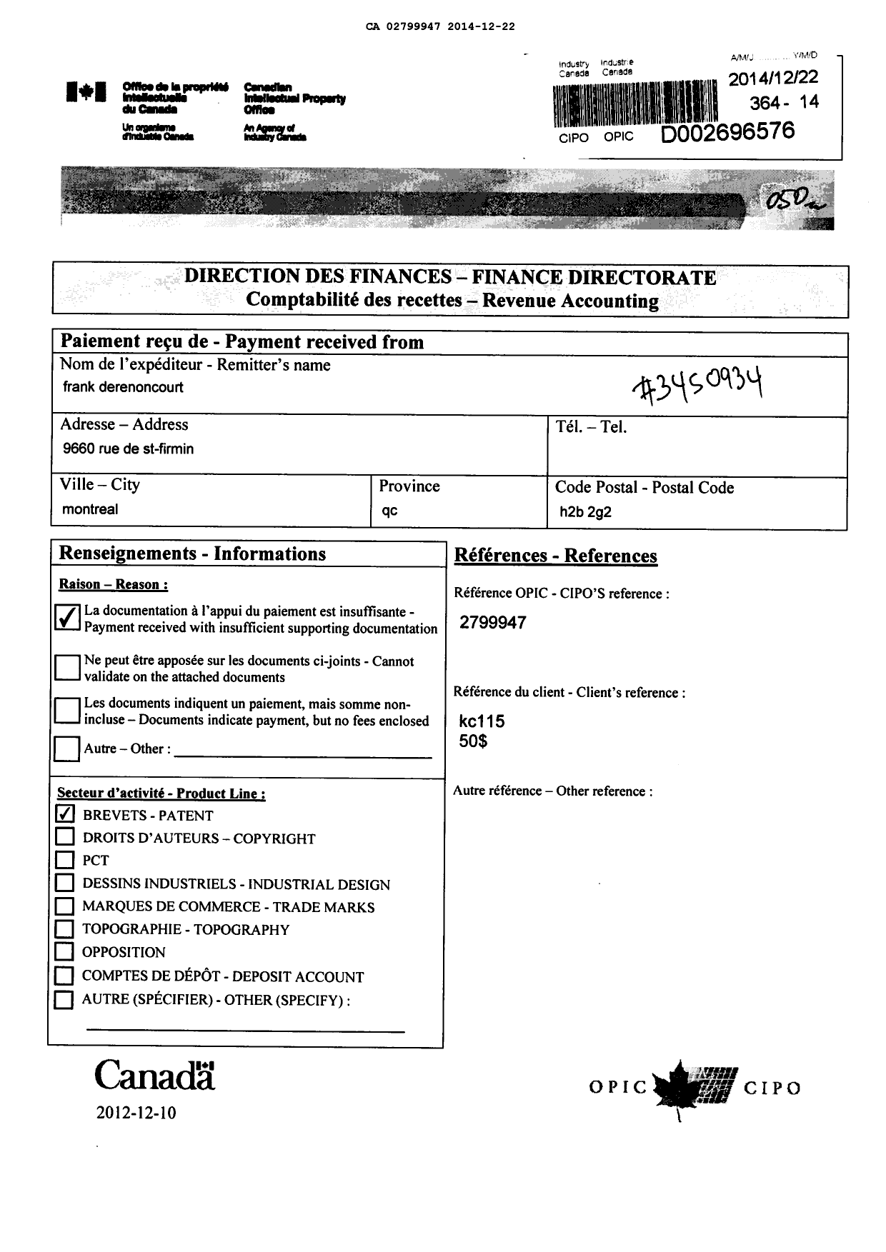 Document de brevet canadien 2799947. Taxes 20141222. Image 1 de 1