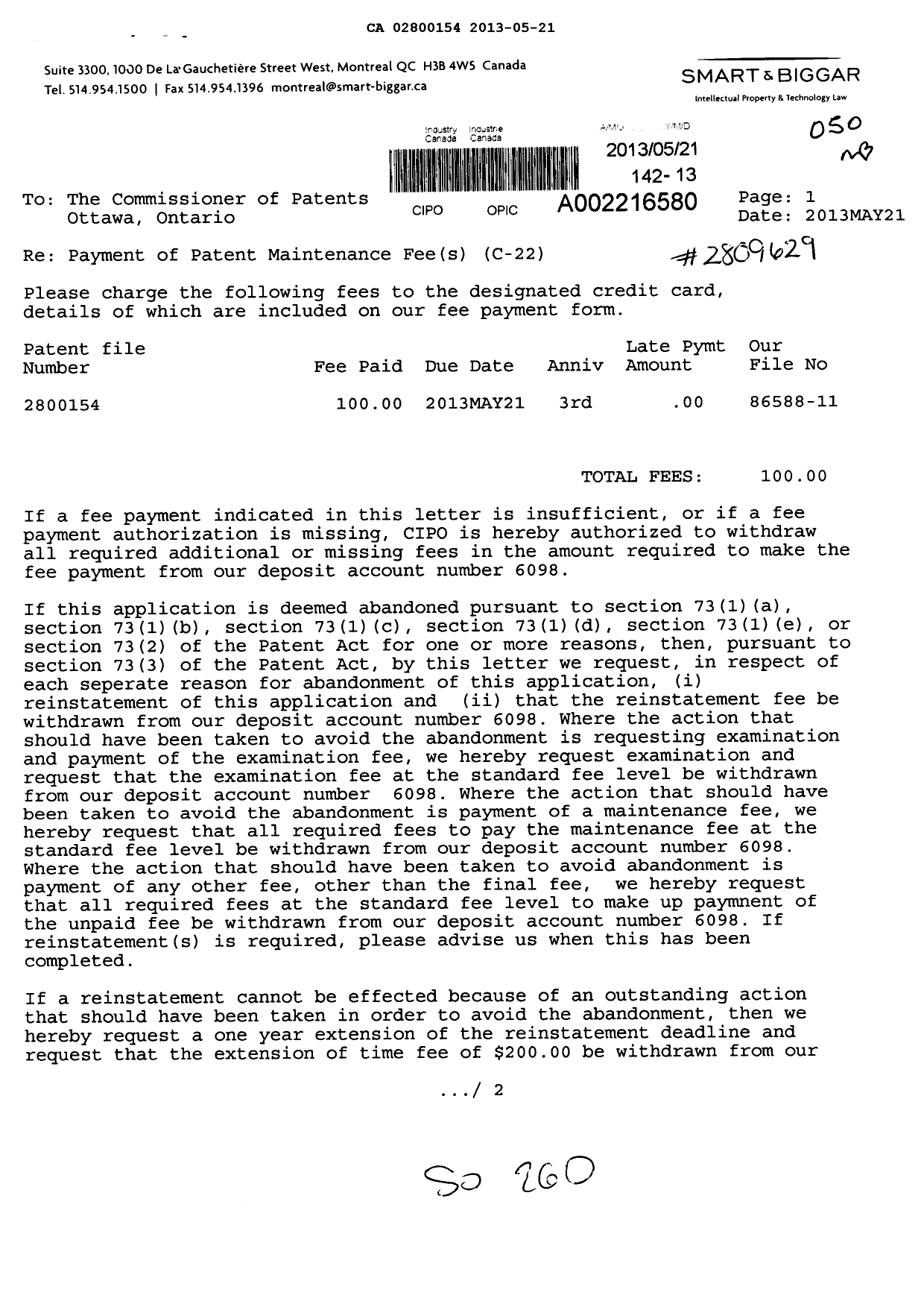 Document de brevet canadien 2800154. Taxes 20130521. Image 1 de 2