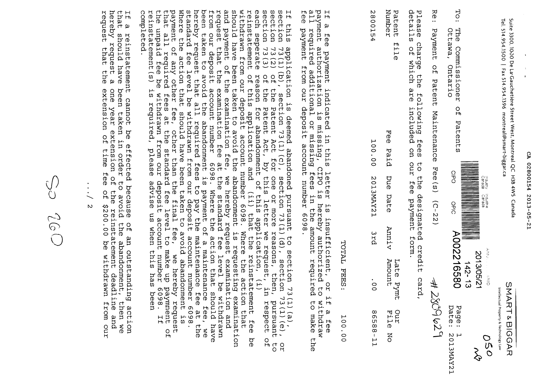 Canadian Patent Document 2800154. Fees 20130521. Image 1 of 2