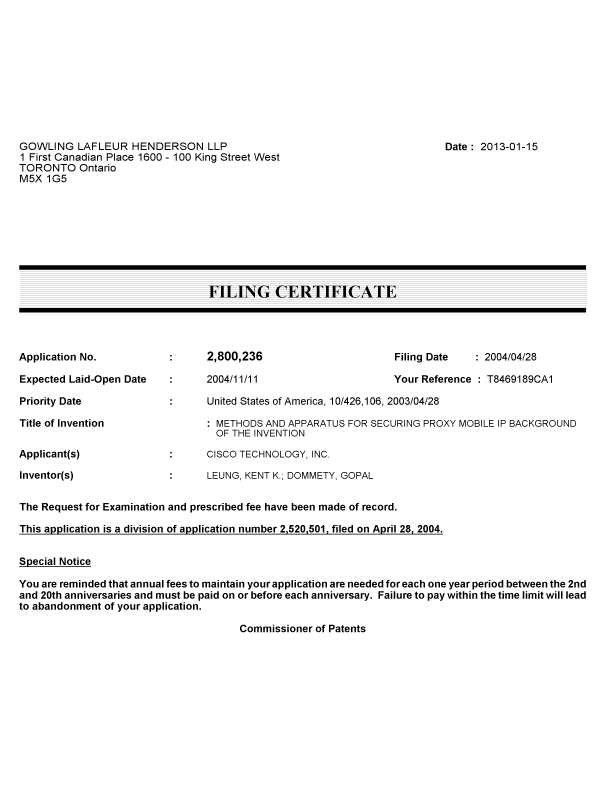 Canadian Patent Document 2800236. Correspondence 20130115. Image 1 of 1