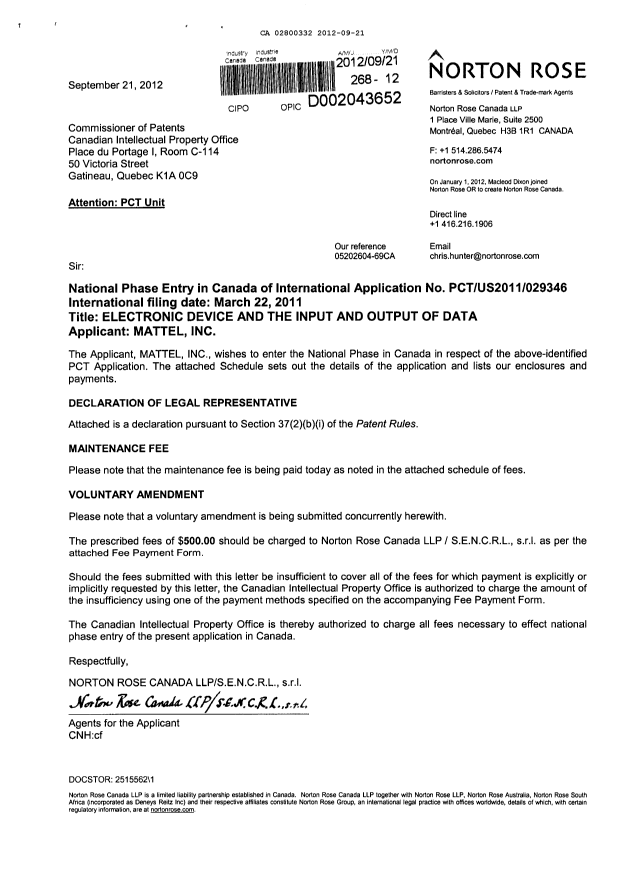 Document de brevet canadien 2800332. Cession 20120921. Image 1 de 5