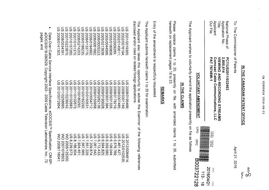 Document de brevet canadien 2800614. Modification 20160421. Image 1 de 10