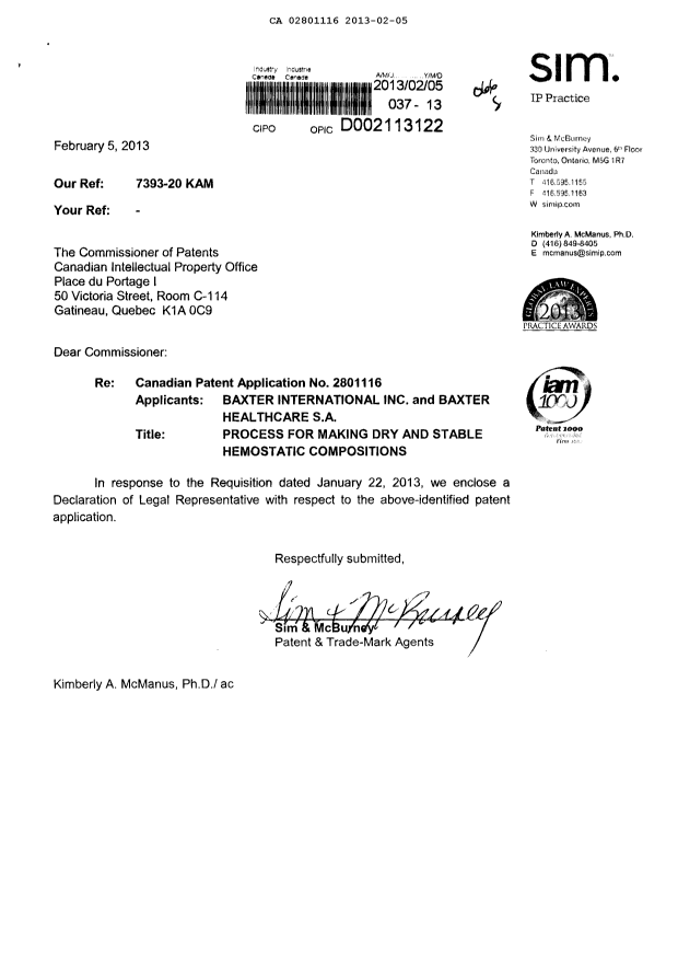 Document de brevet canadien 2801116. Correspondance 20121205. Image 1 de 2