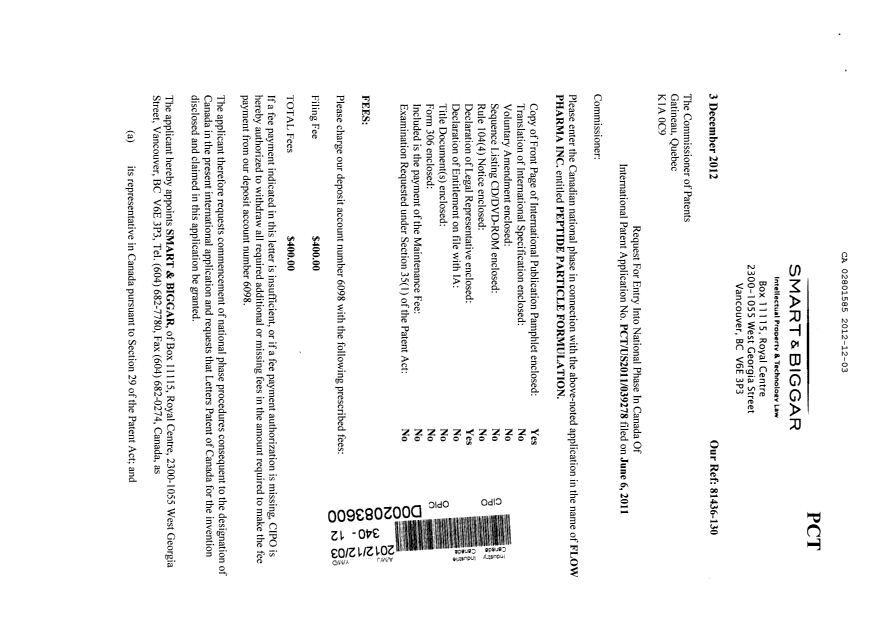 Document de brevet canadien 2801585. Cession 20121203. Image 1 de 3