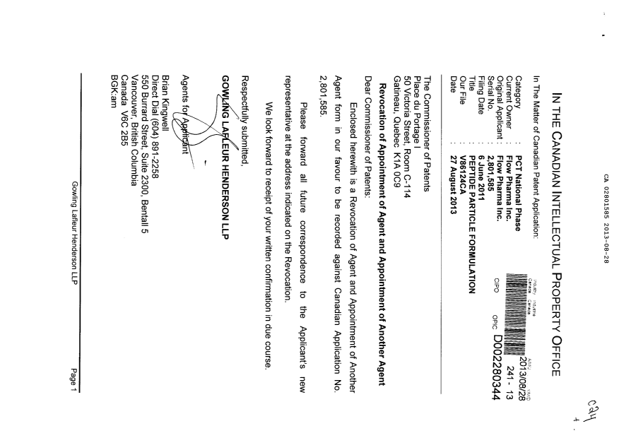 Document de brevet canadien 2801585. Correspondance 20130828. Image 1 de 2