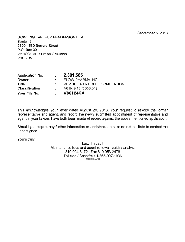Canadian Patent Document 2801585. Correspondence 20130905. Image 1 of 1