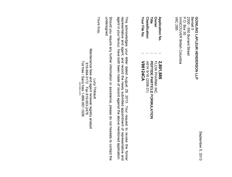 Document de brevet canadien 2801585. Correspondance 20130905. Image 1 de 1