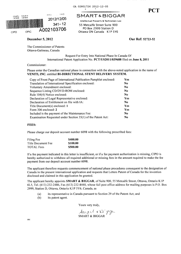 Document de brevet canadien 2801726. Cession 20121205. Image 1 de 7