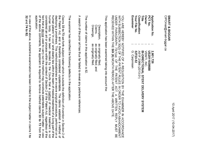Document de brevet canadien 2801726. Demande d'examen 20170410. Image 1 de 4