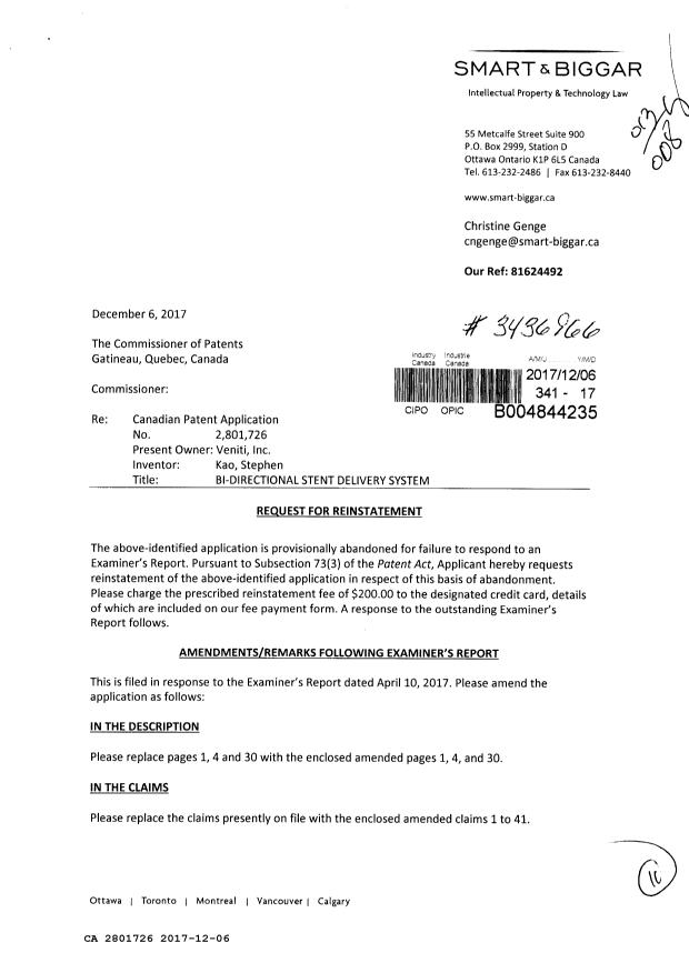 Document de brevet canadien 2801726. Modification 20171206. Image 1 de 11