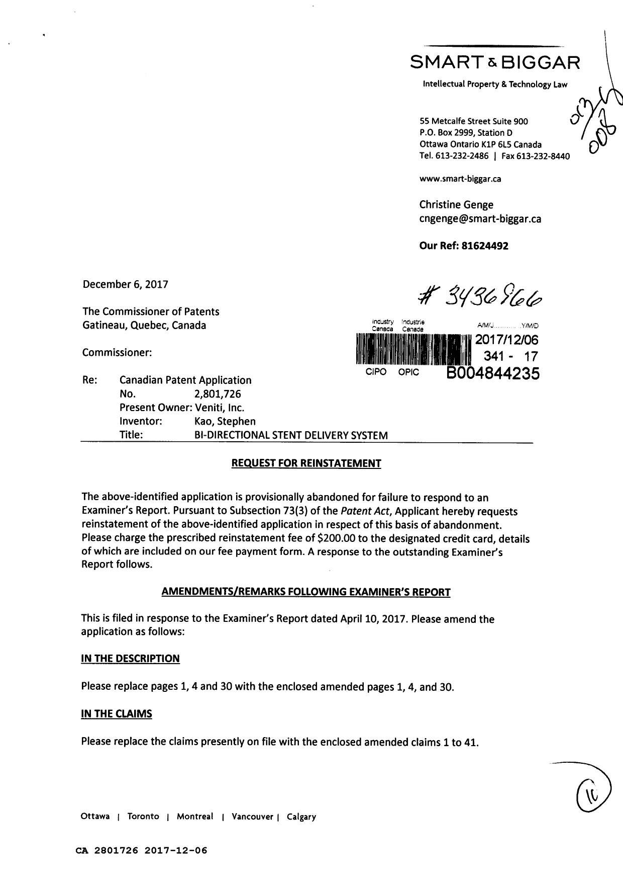 Document de brevet canadien 2801726. Rétablissement 20171206. Image 1 de 11