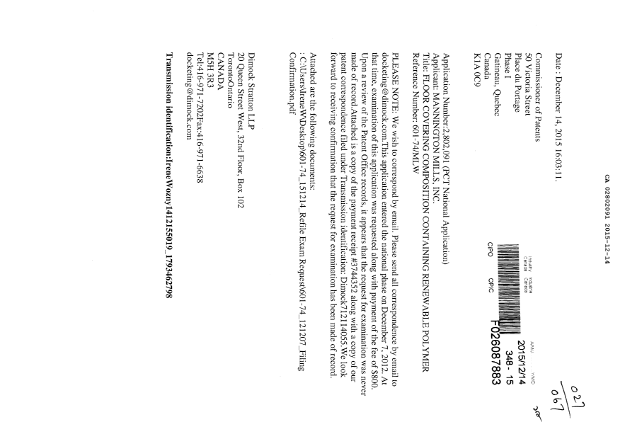 Document de brevet canadien 2802091. Correspondance 20151214. Image 1 de 3