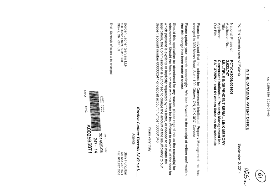 Canadian Patent Document 2802219. Assignment 20140903. Image 1 of 4