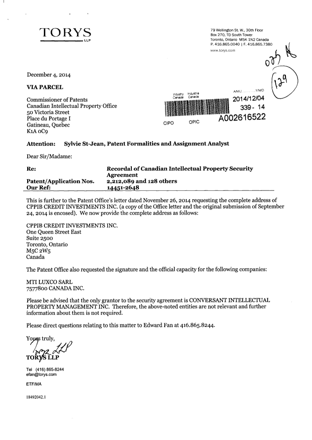 Document de brevet canadien 2802219. Cession 20141204. Image 1 de 25