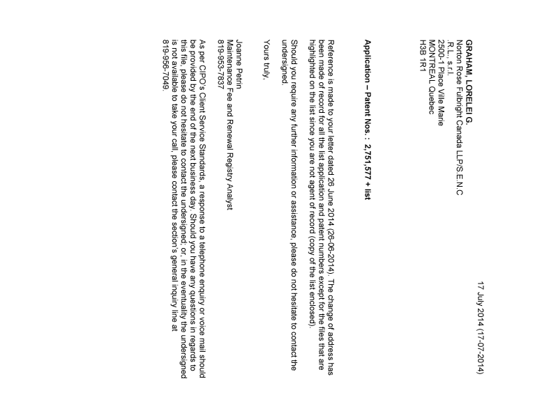 Document de brevet canadien 2802259. Correspondance 20140717. Image 1 de 1