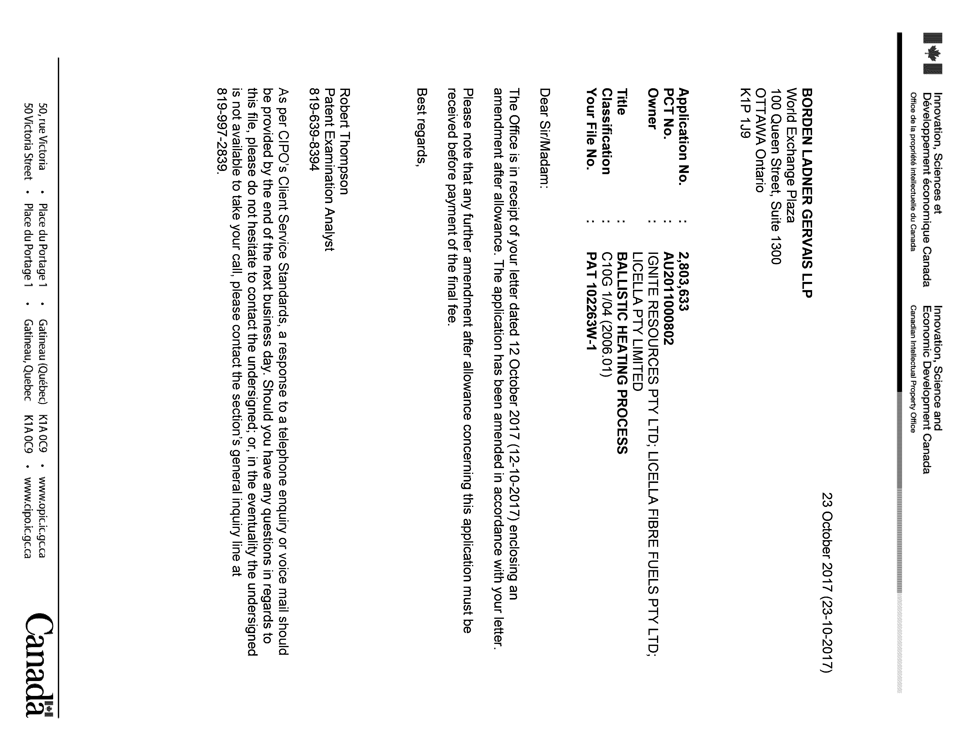 Document de brevet canadien 2803633. Correspondance 20161223. Image 1 de 1