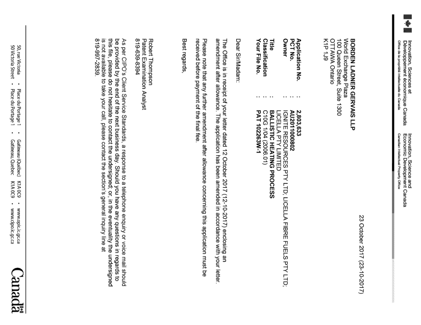 Document de brevet canadien 2803633. Correspondance 20161223. Image 1 de 1