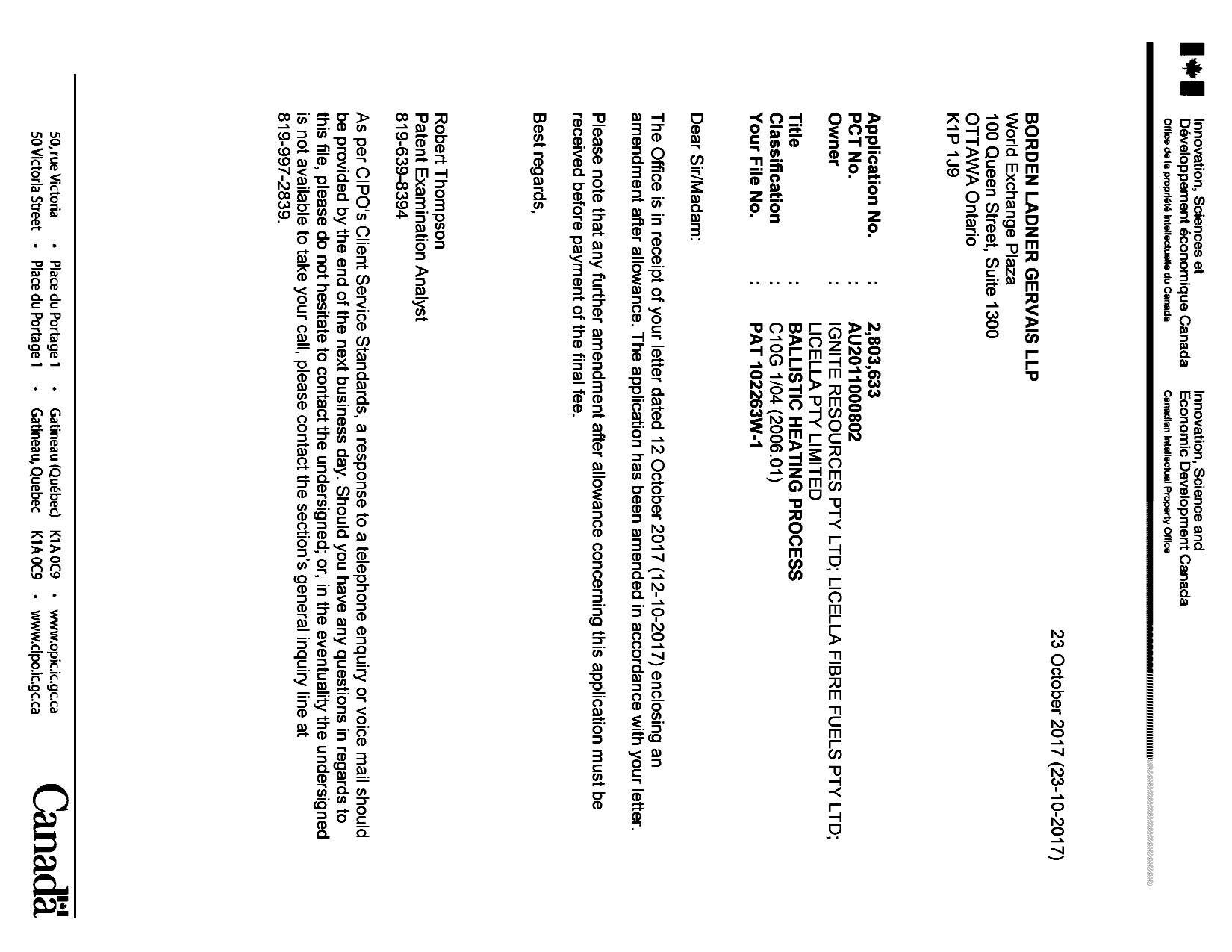Canadian Patent Document 2803633. Correspondence 20161223. Image 1 of 1