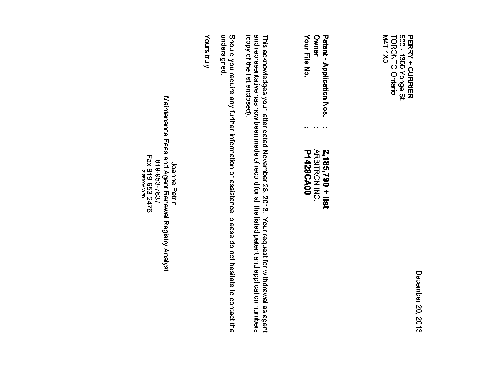 Document de brevet canadien 2803661. Correspondance 20121220. Image 1 de 1