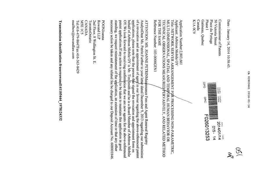 Document de brevet canadien 2803661. Correspondance 20131214. Image 1 de 1