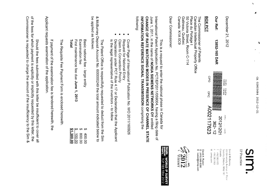 Document de brevet canadien 2803684. Cession 20121221. Image 1 de 4
