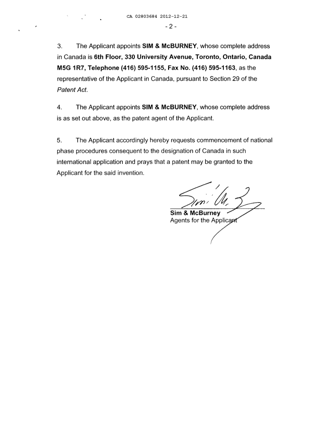 Document de brevet canadien 2803684. Cession 20121221. Image 4 de 4
