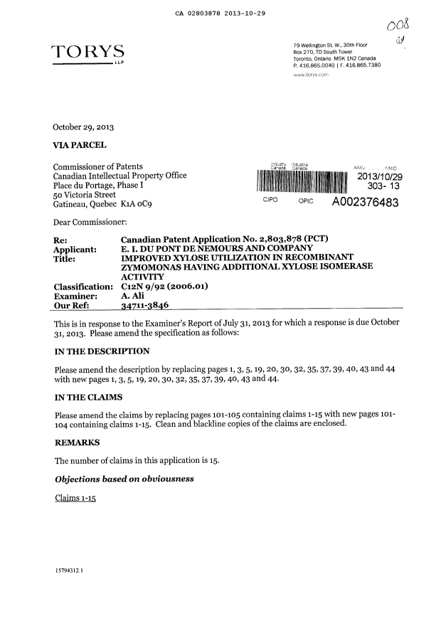 Canadian Patent Document 2803878. Prosecution-Amendment 20131029. Image 1 of 39