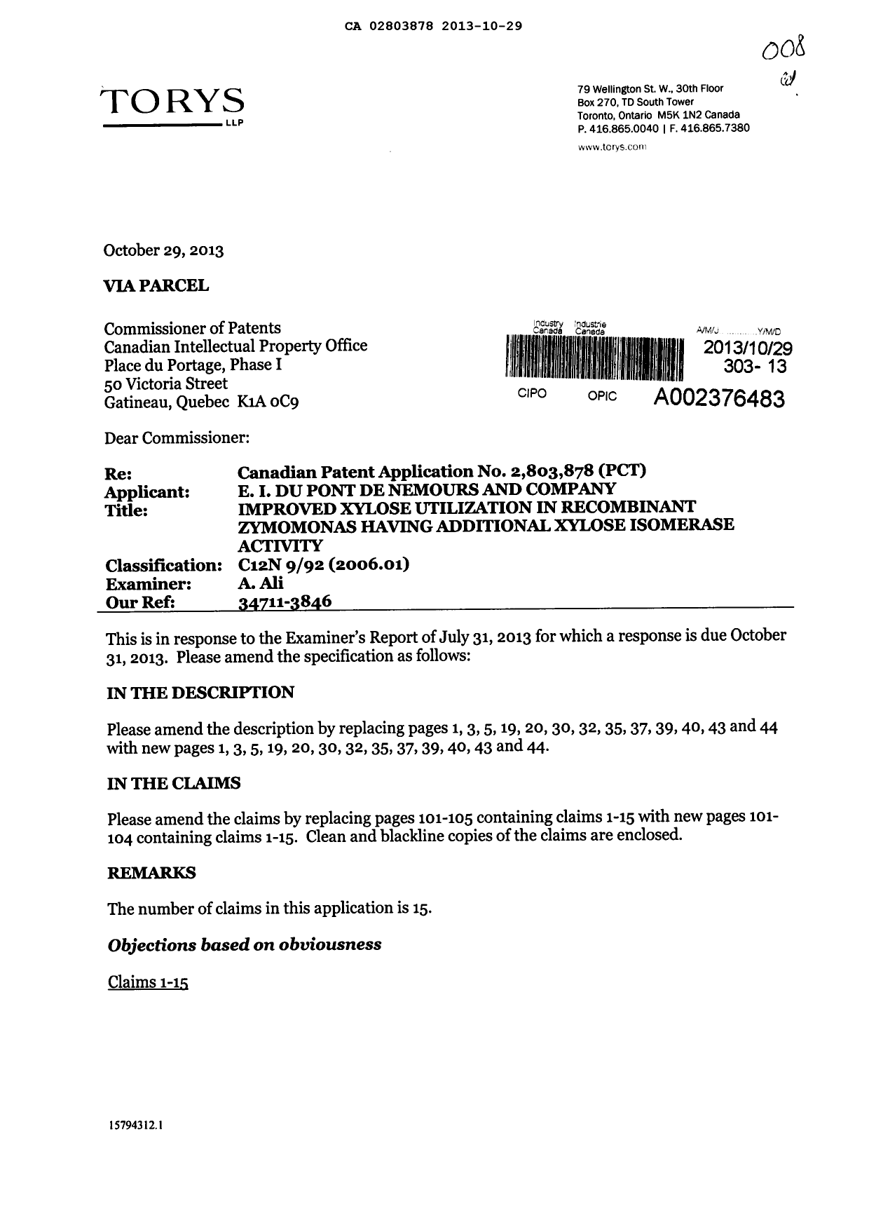 Canadian Patent Document 2803878. Prosecution-Amendment 20131029. Image 1 of 39