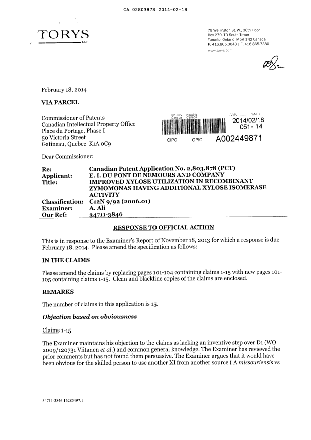 Canadian Patent Document 2803878. Prosecution-Amendment 20140218. Image 1 of 12