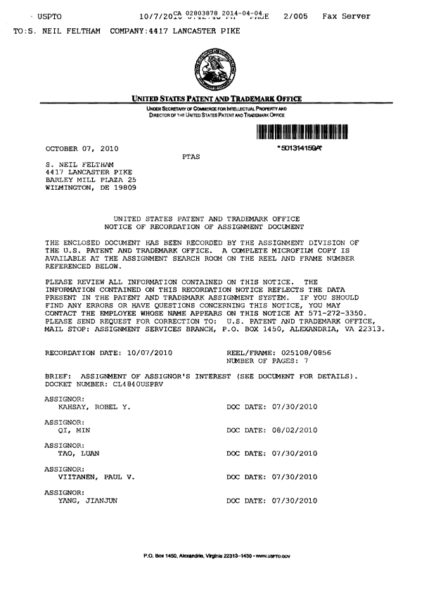 Document de brevet canadien 2803878. Cession 20140404. Image 2 de 10