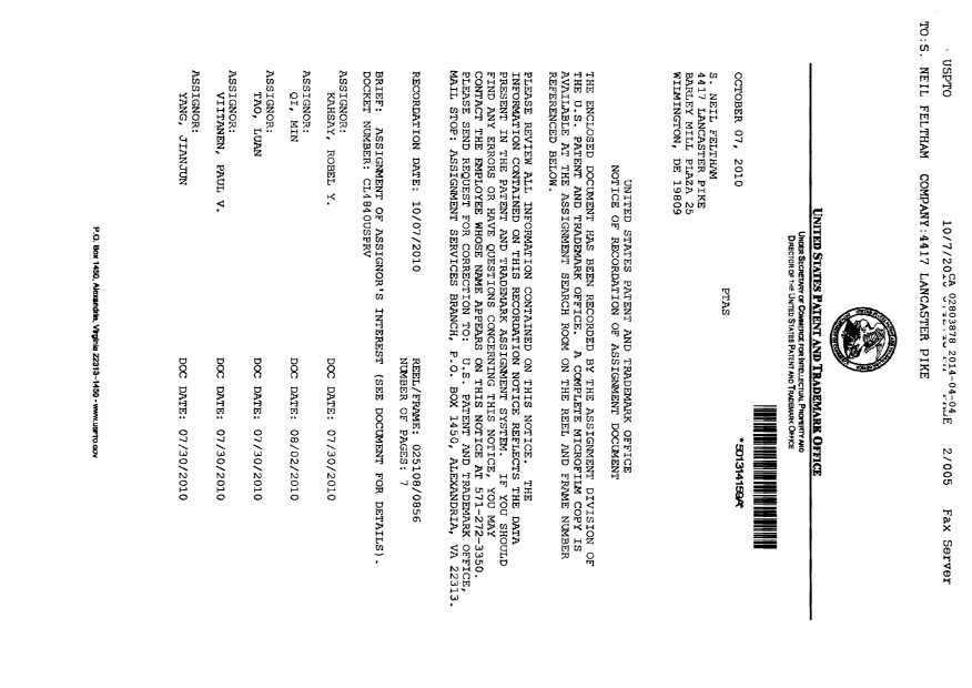 Document de brevet canadien 2803878. Cession 20140404. Image 2 de 10