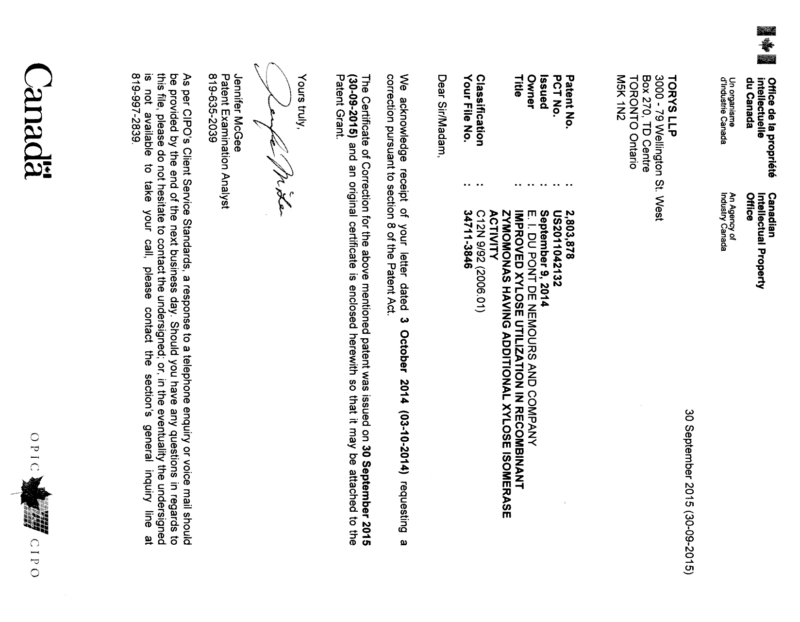 Canadian Patent Document 2803878. Prosecution-Amendment 20150930. Image 1 of 2