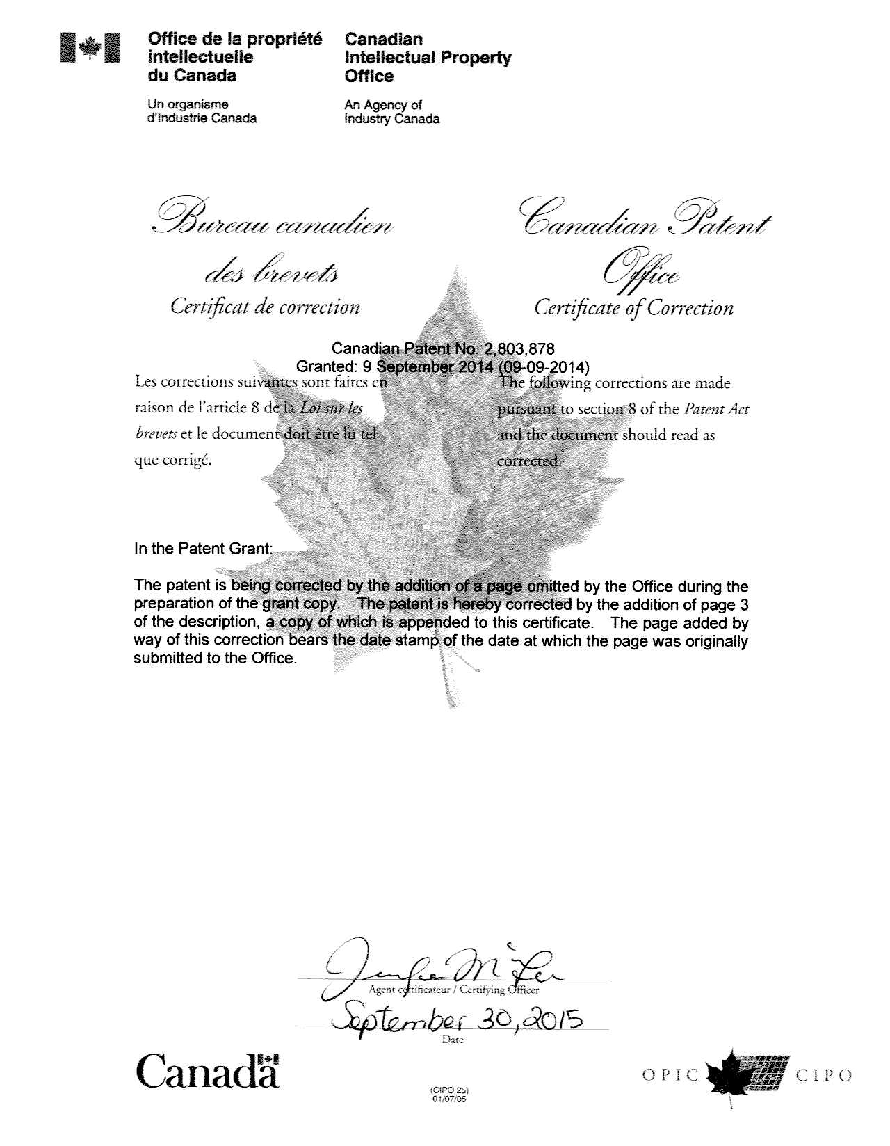 Canadian Patent Document 2803878. Prosecution-Amendment 20150930. Image 2 of 2