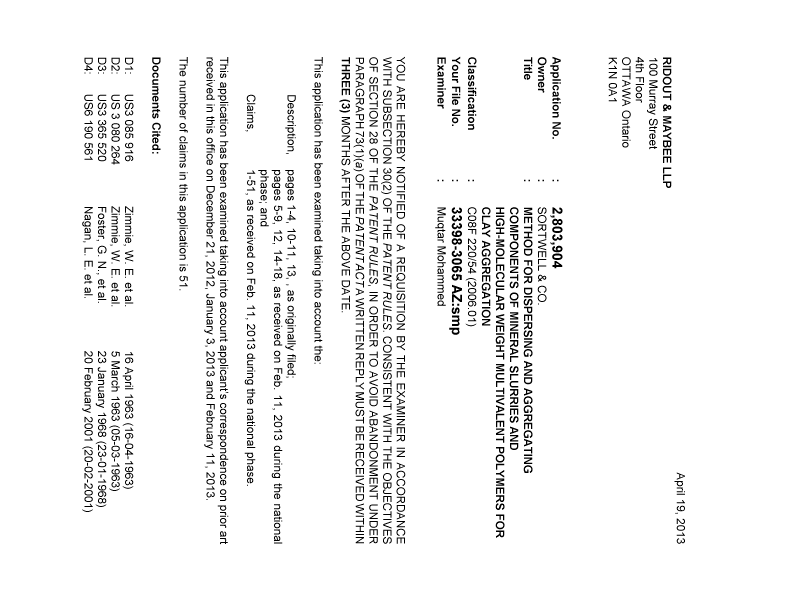 Document de brevet canadien 2803904. Poursuite-Amendment 20130419. Image 1 de 3