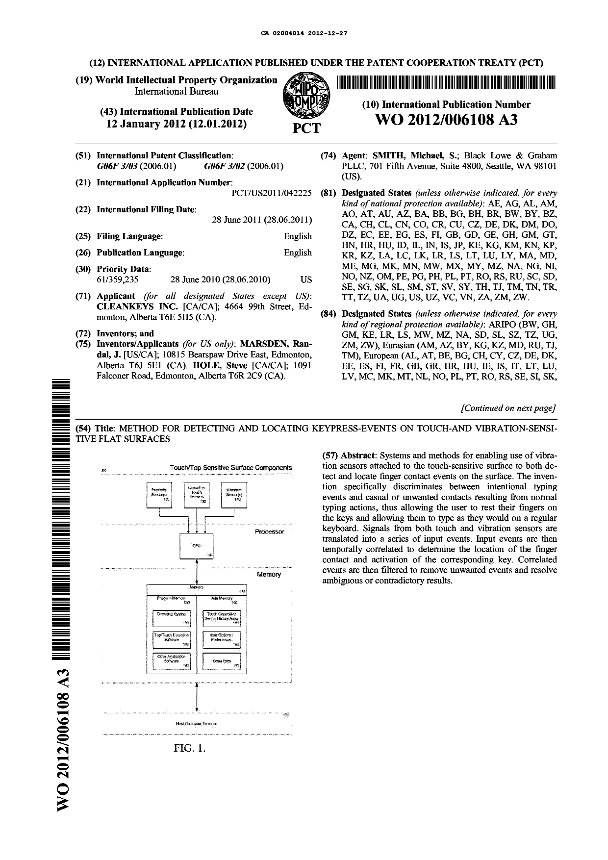 Document de brevet canadien 2804014. Abrégé 20111227. Image 1 de 2